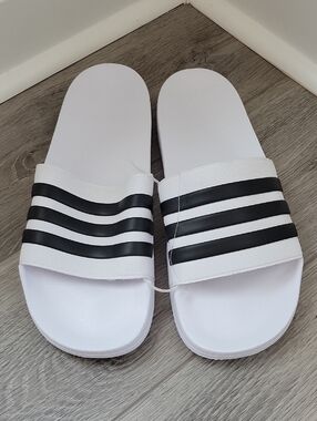 Adidas Adilette Shower Slides White Black Sandals Slides Size 13 NWT-No Box